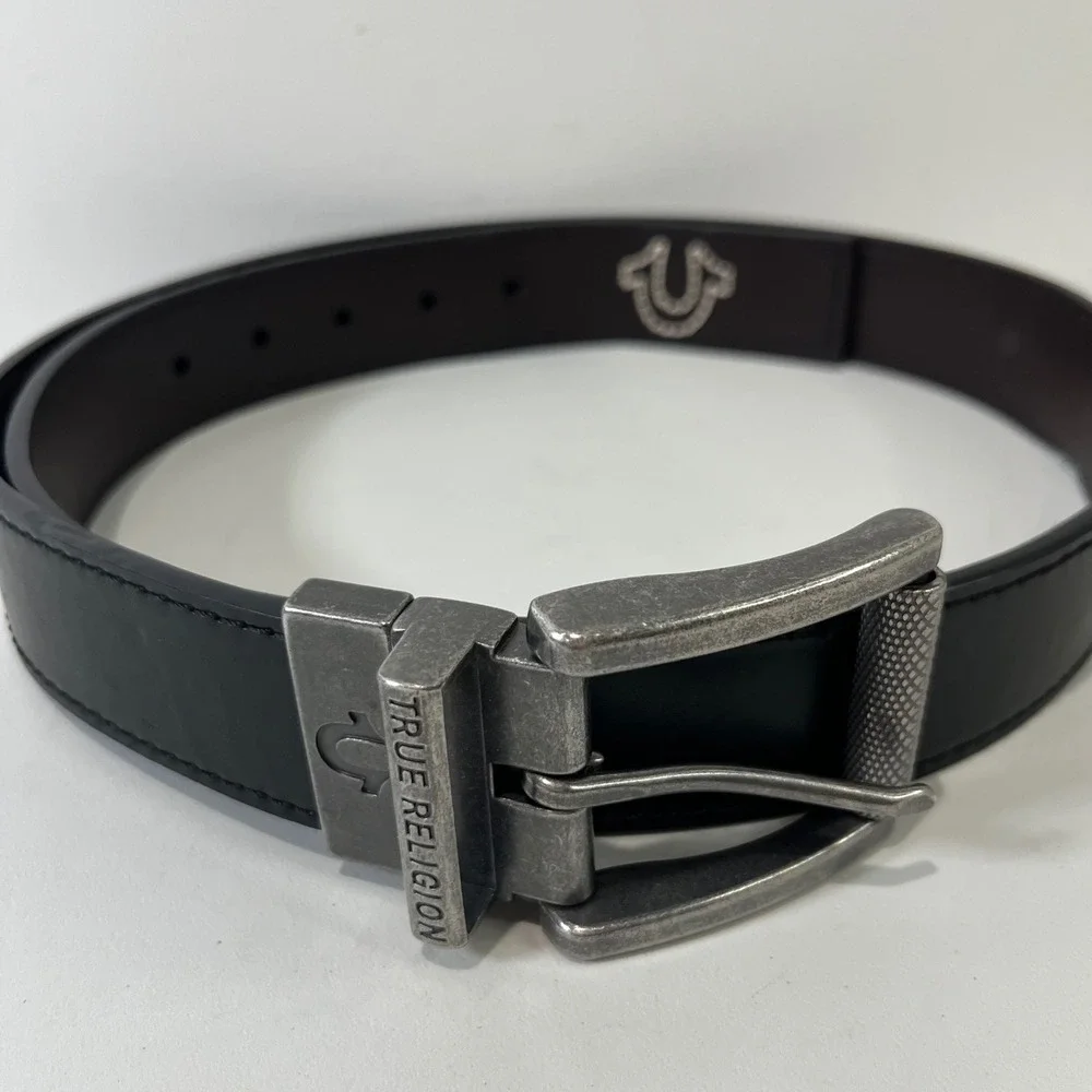 True Religion Reversible Belt Mens 38 Black Brown Faux Leather Silver Buckle Y2K